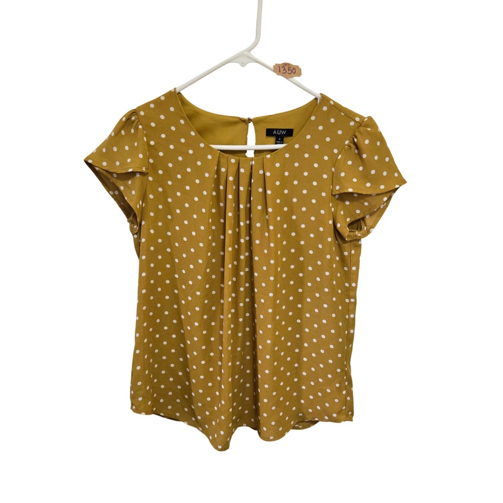 AUW Mustard‎ Yellow Polka Dot Pleated Neck Flutter Sleeve Blouse Small